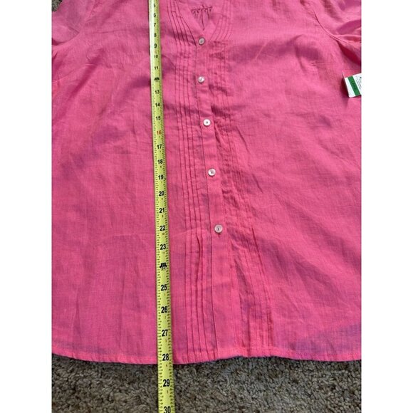 NWT CHARTER CLUB Pink 100% Linen button Front Blouse Top Roll Tab Sleeve LARGE - Picture 8 of 9